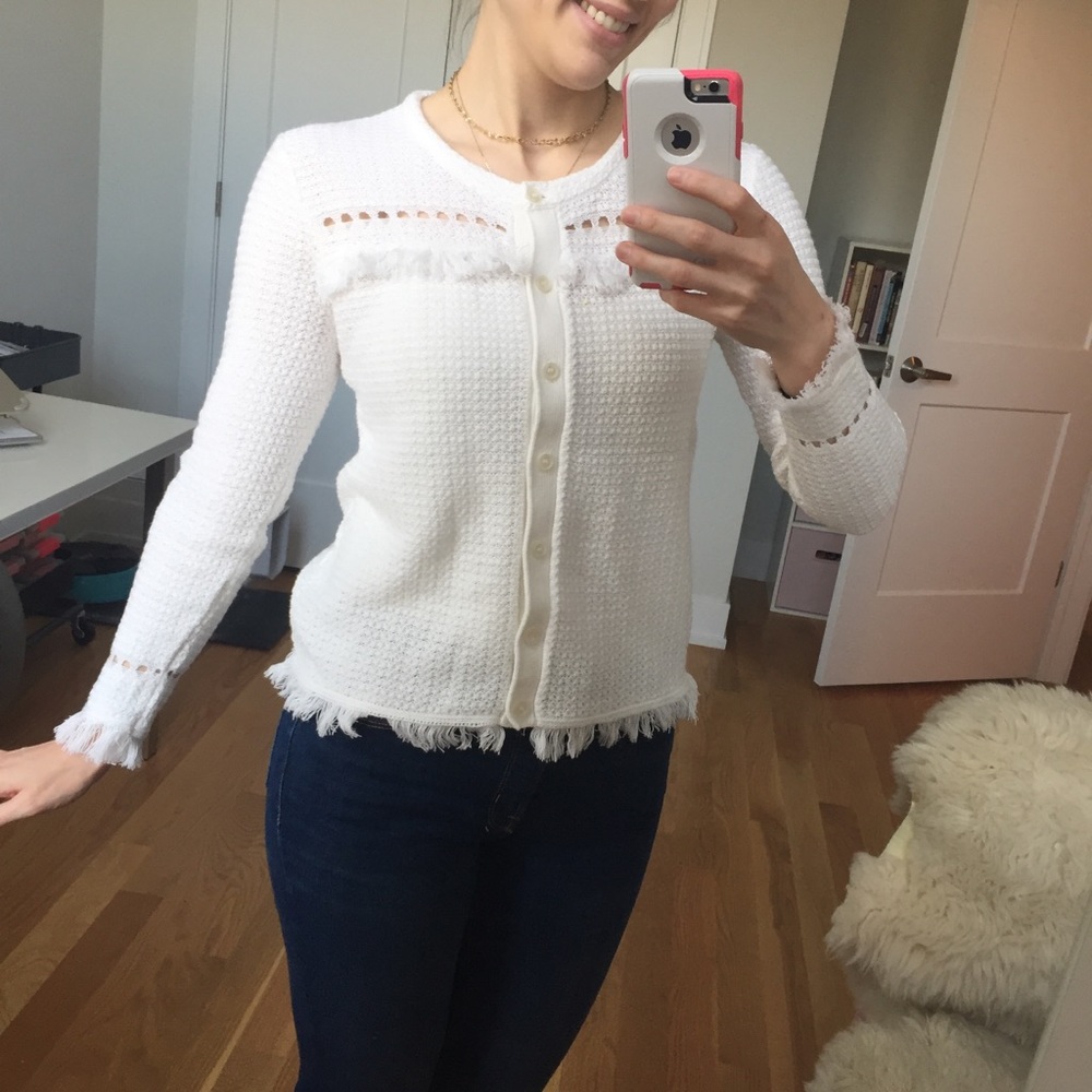 J Crew White Fringed Cardigan